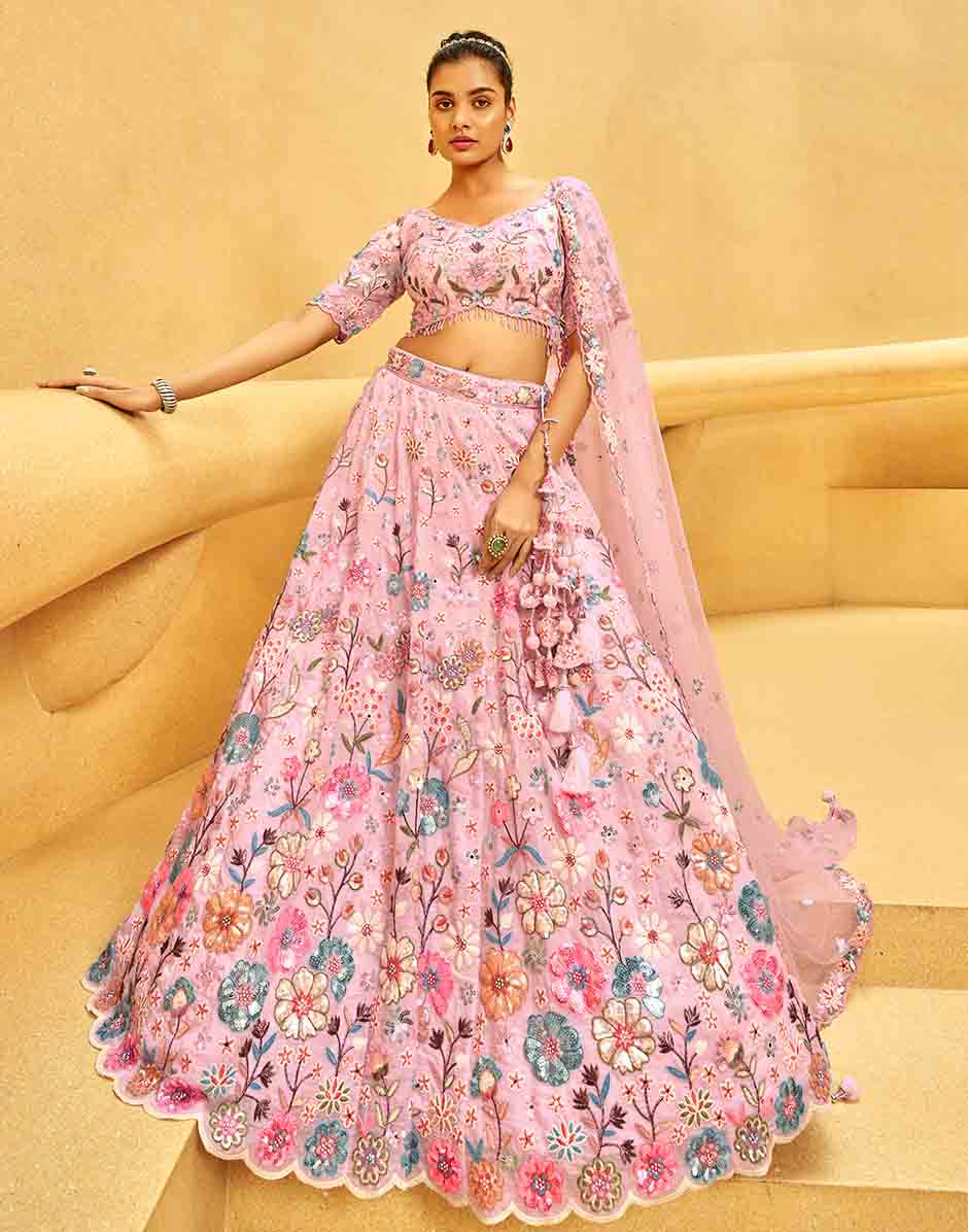 Pink Organza Zarkan Sequin Embroidery Semi-Stitched Lehenga Choli & Dupatta