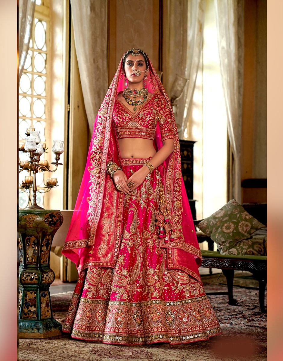 Pink Paisley Pattern Silk Lehenga with Embroidery, Sequin, Pearl & Zari Work Blouse & Dual Dupatta Set - Buy