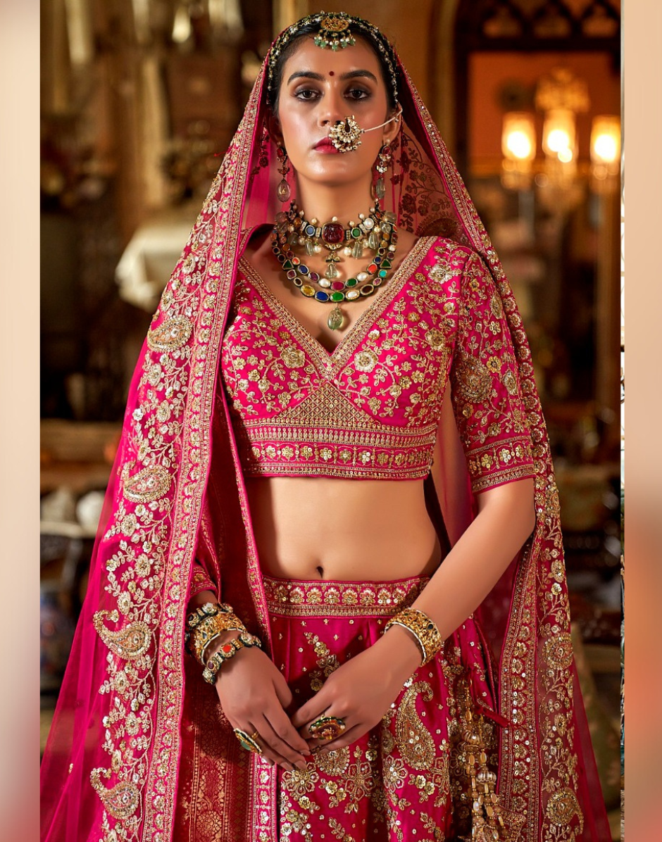 Pink Paisley Pattern Silk Lehenga with Embroidery, Sequin, Pearl & Zari Work Blouse & Dual Dupatta Set - Buy