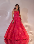 Pink Printed Silk Organza Annabelle Corset with 3D Flowers & Pleats Paired with Organza Lehenga