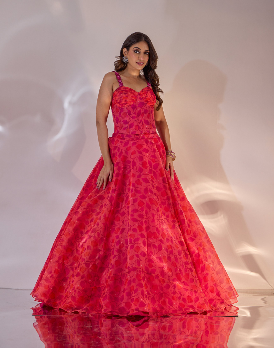 Pink Printed Silk Organza Annabelle Corset with 3D Flowers & Pleats Paired with Organza Lehenga
