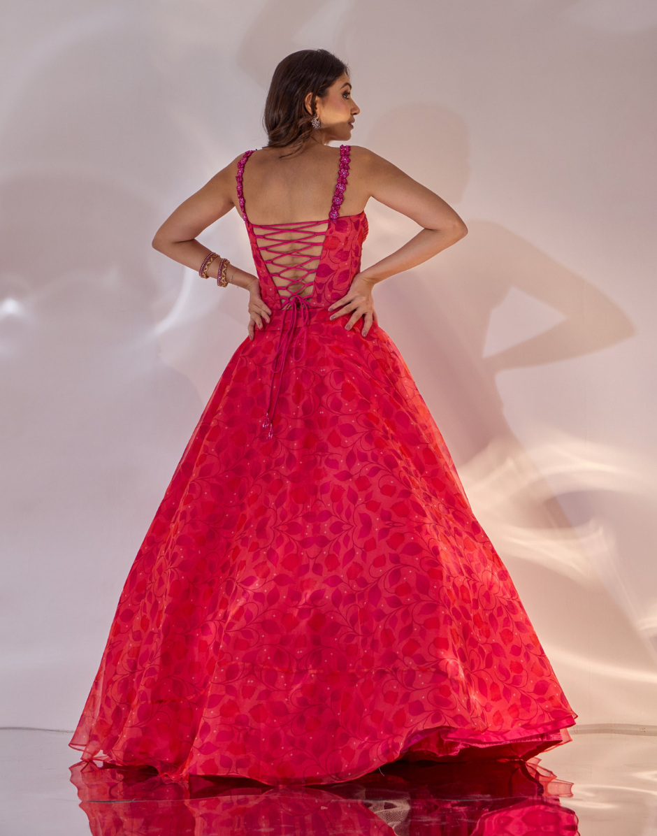 Pink Printed Silk Organza Annabelle Corset with 3D Flowers & Pleats Paired with Organza Lehenga_1