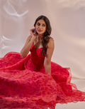 Pink Printed Silk Organza Annabelle Corset with 3D Flowers & Pleats Paired with Organza Lehenga_3