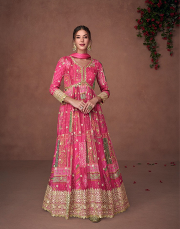 Pink Pure Organza Silk Dupatta with Nazneen Gown Elegant and Stylish Traditional Wear Set