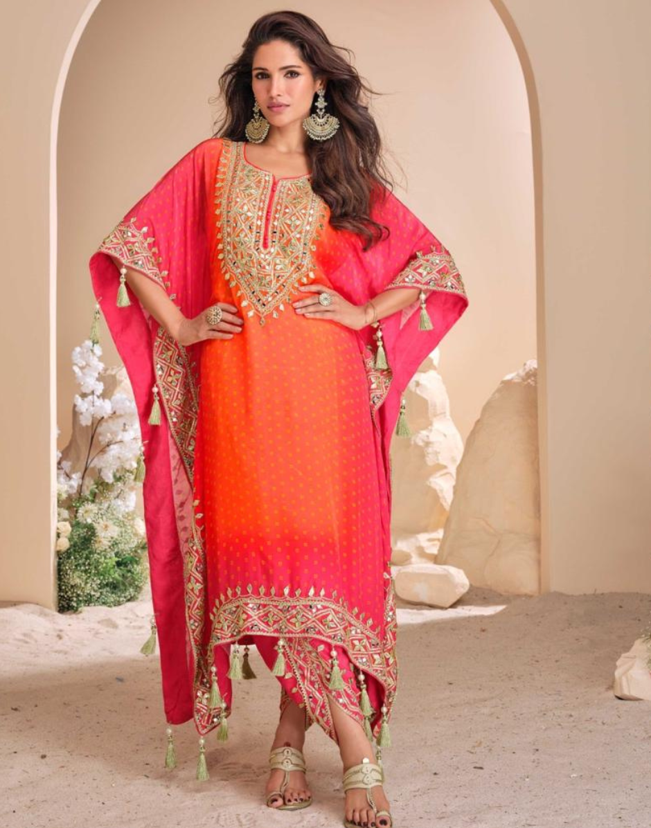 Pink Pure Viscose Crepe & Organza Silk Kaftan Trendy Tulip Style with Hand Mirror & Gota Patti Embroidery - Buy