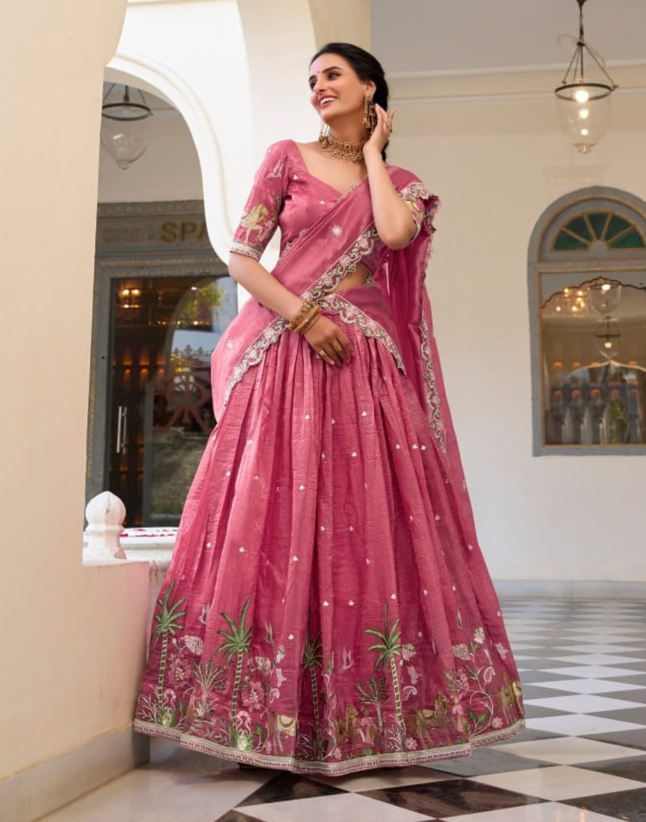 Pink Sequins Thread Embroidered Lehenga Blouse with Dupatta Stunning Bridal & Party Wear