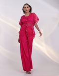 Pink Three-Piece Co-Ord Set Bustier Inner & Sheer Kaftan Top with Geometric Embroidery