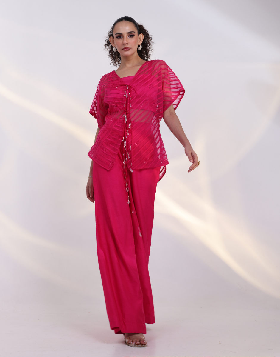 Pink Three-Piece Co-Ord Set Bustier Inner & Sheer Kaftan Top with Geometric Embroidery