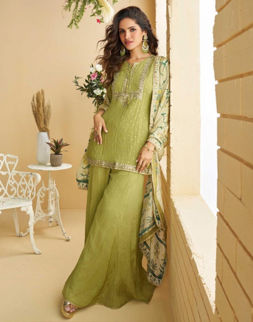 Pista Green Chinon Embroidered Ensemble Top, Palazzo & Dupatta Set