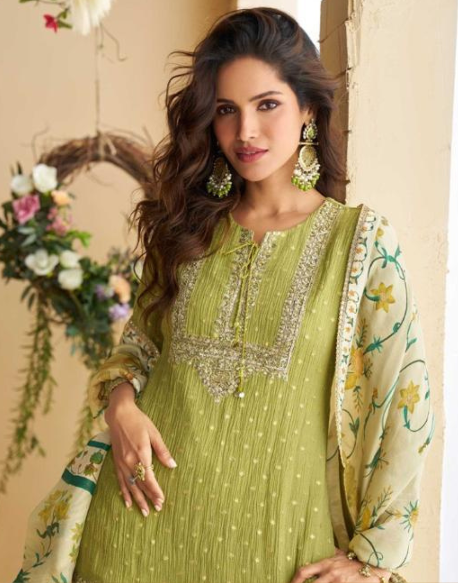 Pista Green Chinon Embroidered Ensemble Top, Palazzo & Dupatta Set