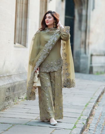 Pista Green Crepe Silk Embroidered & Sequins Work Suit Set with Matching Dupatta and Bottom