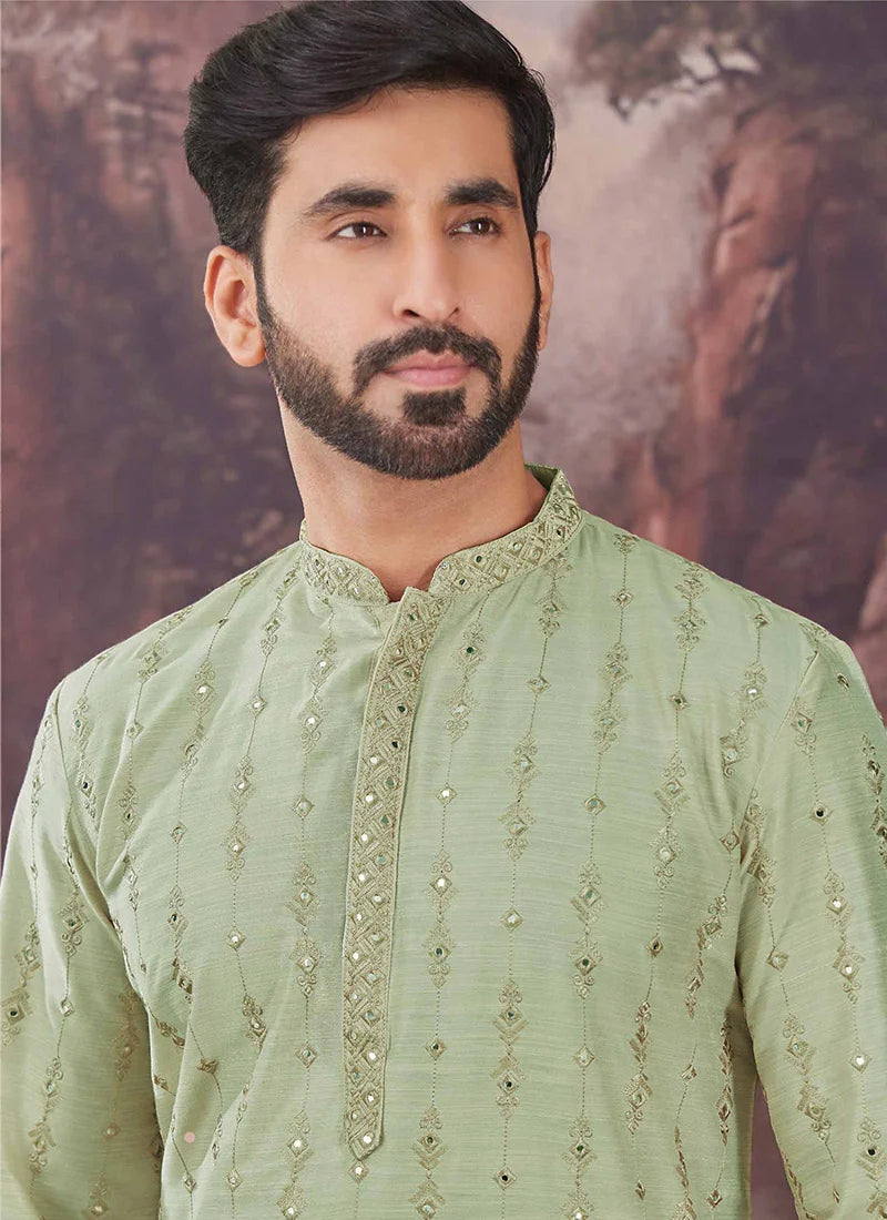 Pista Green Viscose Embroidered Mirror Work Kurta Pyjama - RENT
