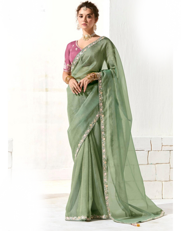 Pista Green Organza Tissue Saree with Sequin & Embroidery Detailing