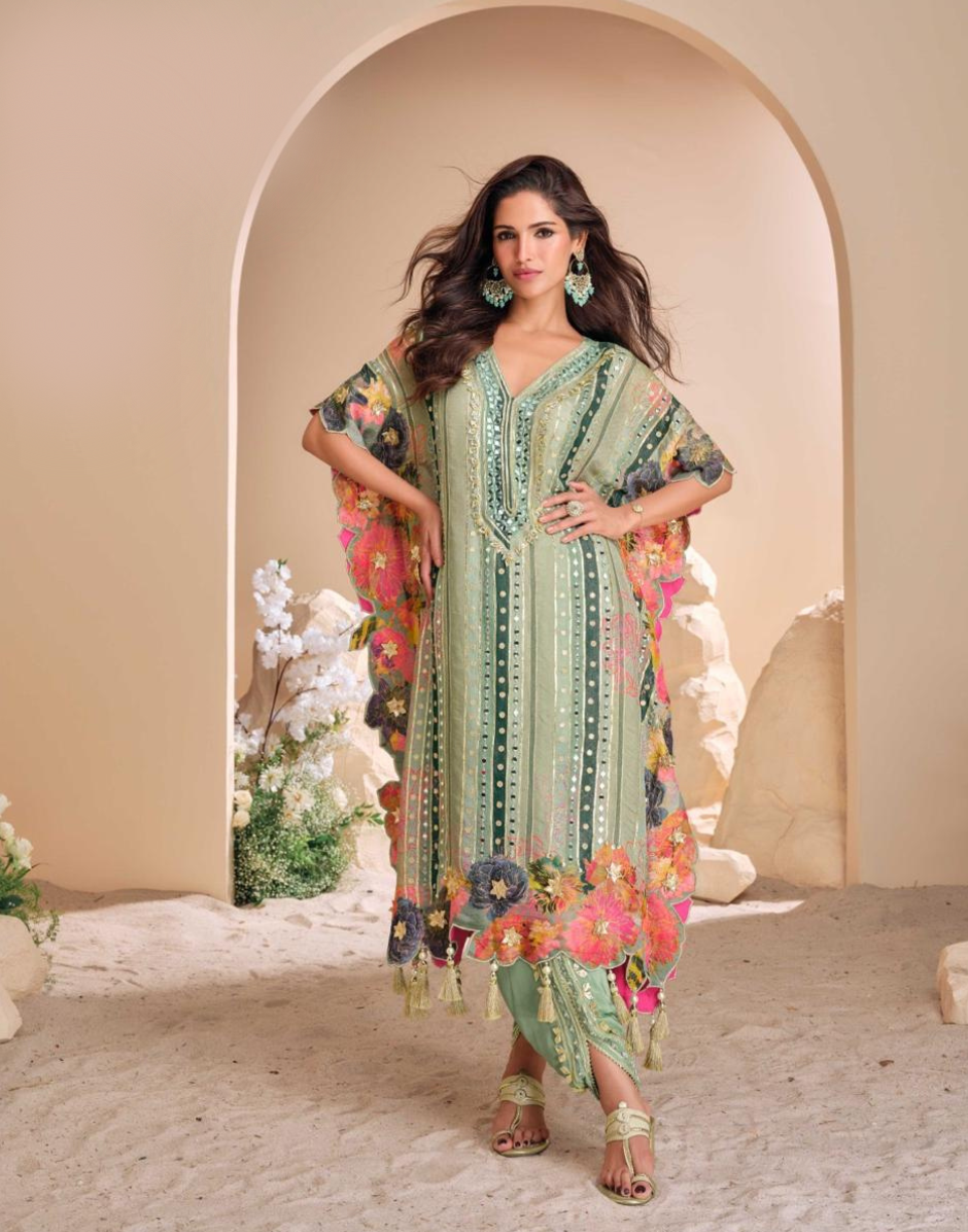 Pista Green Pure Viscose Crepe & Organza Silk Kaftan Trendy Tulip Cut with Hand Mirror & Gota Patti Embroidery - Buy