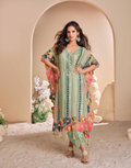 Pista Green Pure Viscose Crepe & Organza Silk Kaftan Trendy Tulip Cut with Hand Mirror & Gota Patti Embroidery - Buy