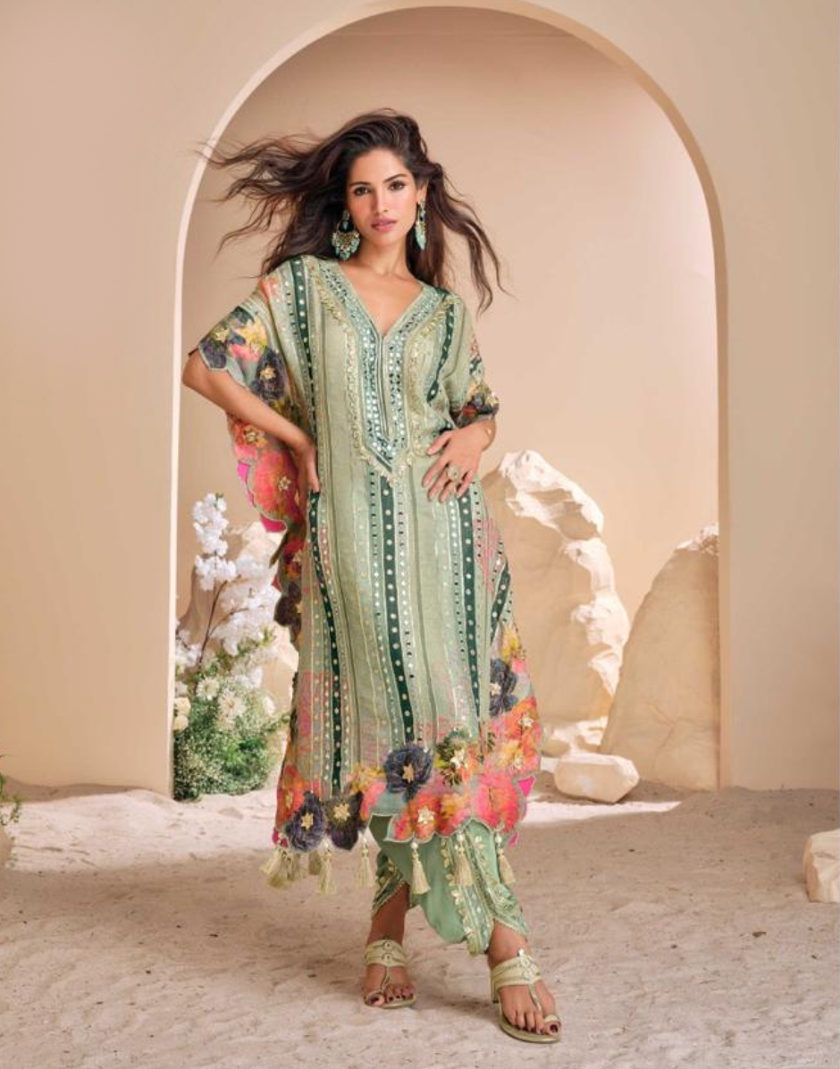Pista Green Pure Viscose Crepe & Organza Silk Kaftan Trendy Tulip Cut with Hand Mirror & Gota Patti Embroidery - Buy