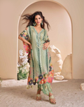 Pista Green Pure Viscose Crepe & Organza Silk Kaftan Trendy Tulip Cut with Hand Mirror & Gota Patti Embroidery - Buy_1