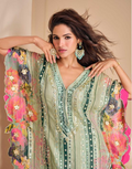 Pista Green Pure Viscose Crepe & Organza Silk Kaftan Trendy Tulip Cut with Hand Mirror & Gota Patti Embroidery - Buy_2