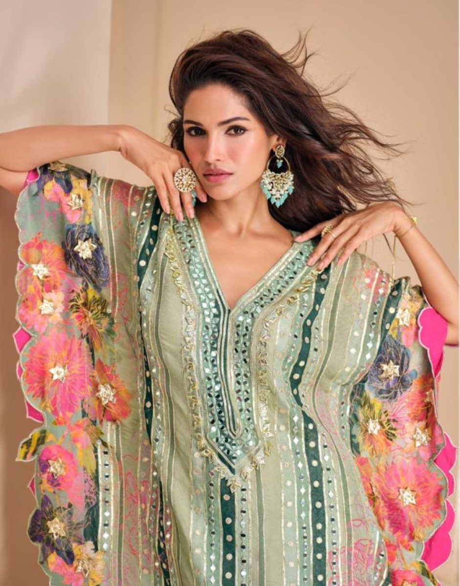 Pista Green Pure Viscose Crepe & Organza Silk Kaftan Trendy Tulip Cut with Hand Mirror & Gota Patti Embroidery - Buy_2