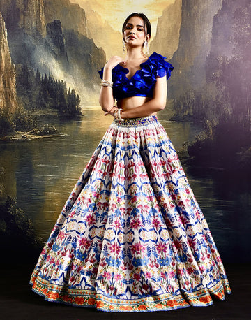 Playful Elegance Multi-Colored Silk Lehenga with Ruffled Satin Organza Blouse