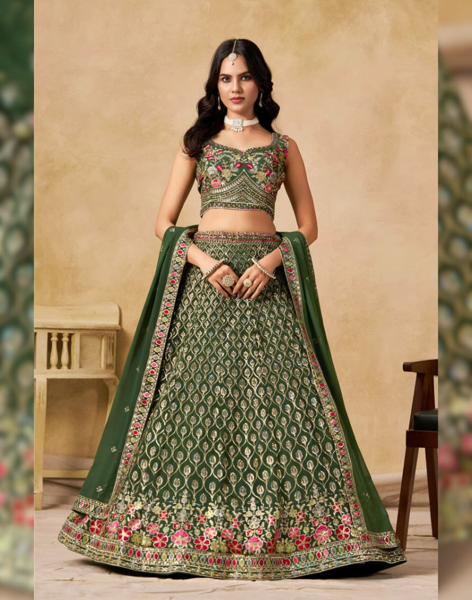 Premium Bottle Green Georgette Lehenga Set with Golden Zari Vine Patterns & Multicolor Floral Border Embroidered Dupatta - Buy
