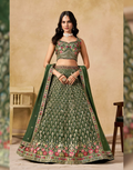 Premium Bottle Green Georgette Lehenga Set with Golden Zari Vine Patterns & Multicolor Floral Border Embroidered Dupatta - Buy