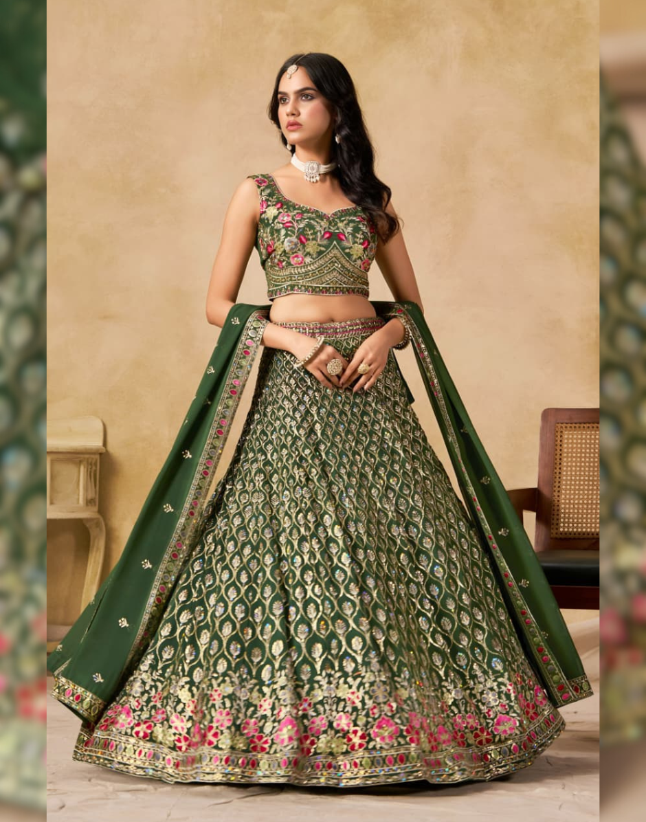 Premium Bottle Green Georgette Lehenga Set with Golden Zari Vine Patterns & Multicolor Floral Border Embroidered Dupatta - Buy