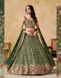 Premium Bottle Green Georgette Lehenga Set with Golden Zari Vine Patterns & Multicolor Floral Border Embroidered Dupatta - Buy_1