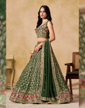 Premium Bottle Green Georgette Lehenga Set with Golden Zari Vine Patterns & Multicolor Floral Border Embroidered Dupatta - Buy_3