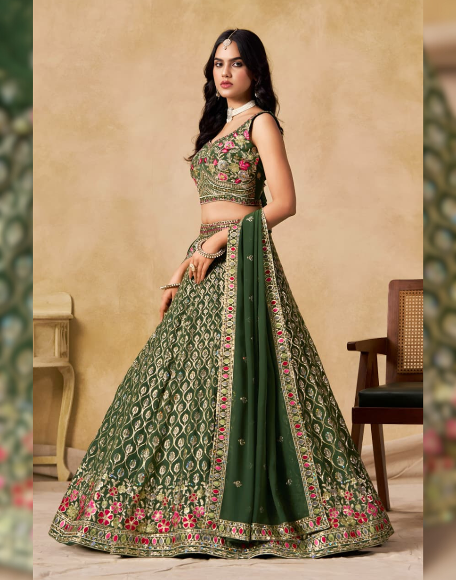 Premium Bottle Green Georgette Lehenga Set with Golden Zari Vine Patterns & Multicolor Floral Border Embroidered Dupatta - Buy_3