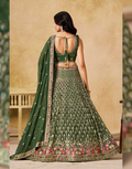 Premium Bottle Green Georgette Lehenga Set with Golden Zari Vine Patterns & Multicolor Floral Border Embroidered Dupatta - Buy_4