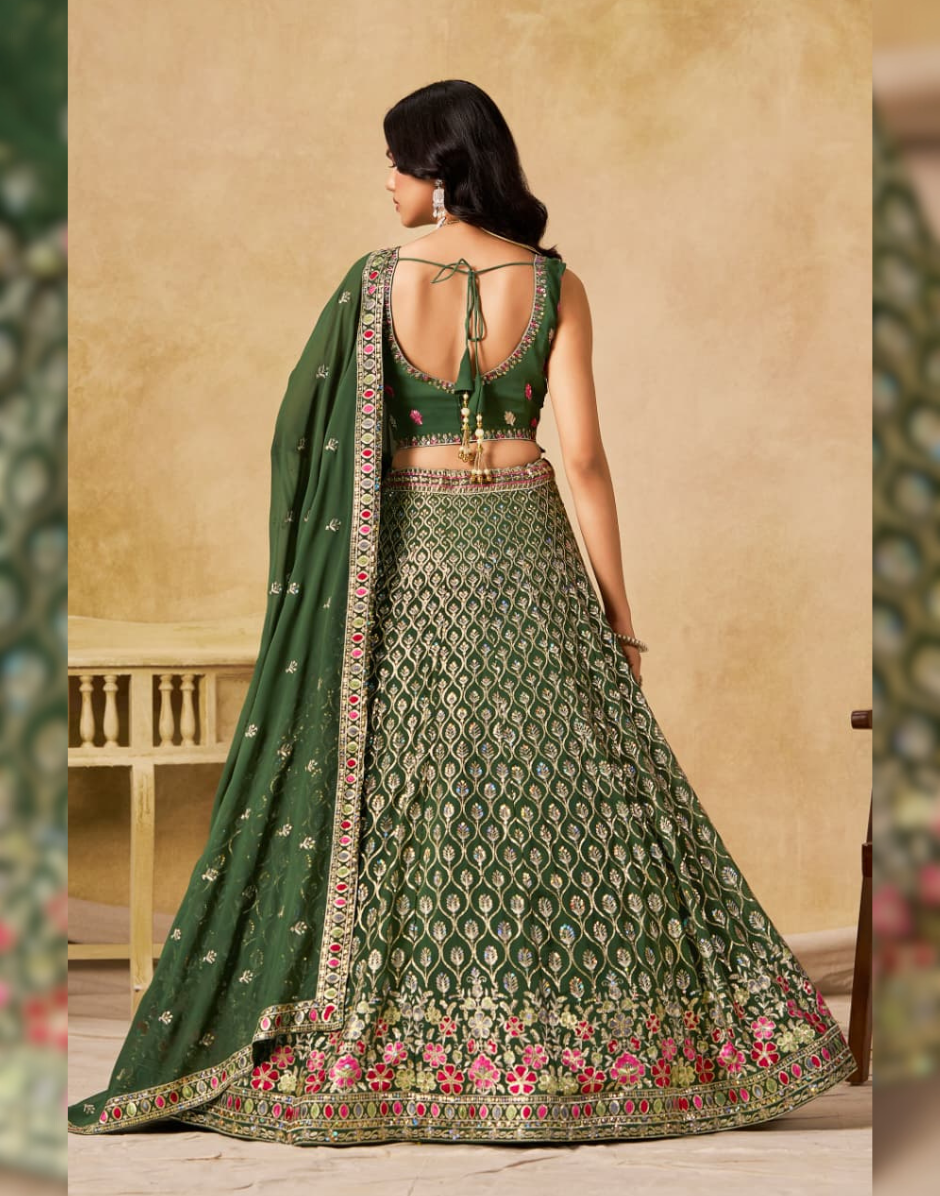Premium Bottle Green Georgette Lehenga Set with Golden Zari Vine Patterns & Multicolor Floral Border Embroidered Dupatta - Buy_4