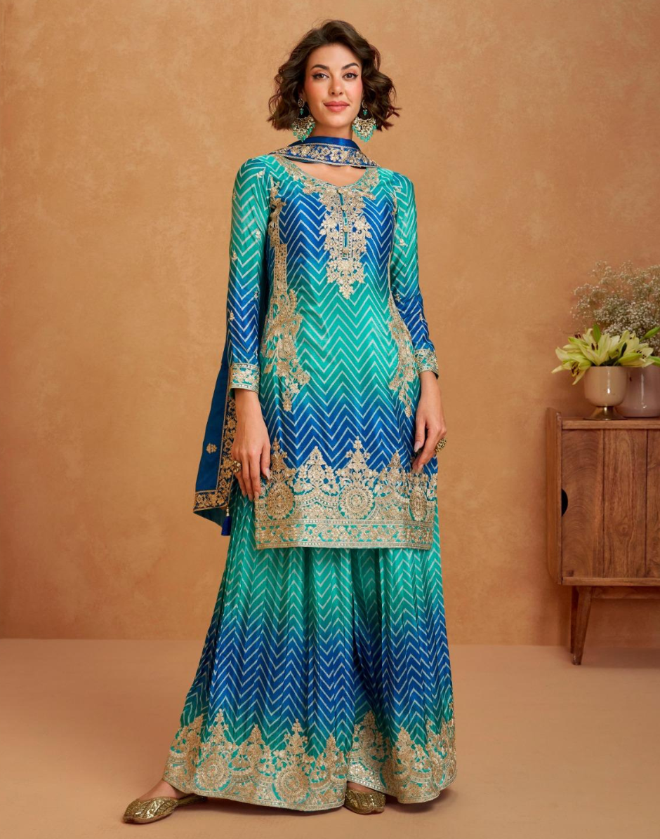 Premium Chinon Silk Embroidered Top Palazzo Dupatta Set with Dual Tone Chevron Print