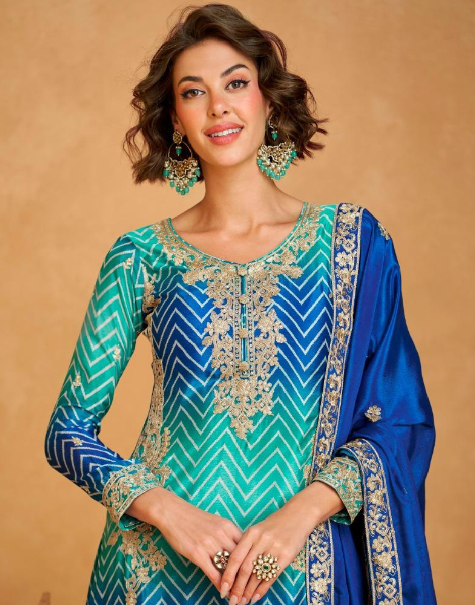 Premium Chinon Silk Embroidered Top Palazzo Dupatta Set with Dual Tone Chevron Print