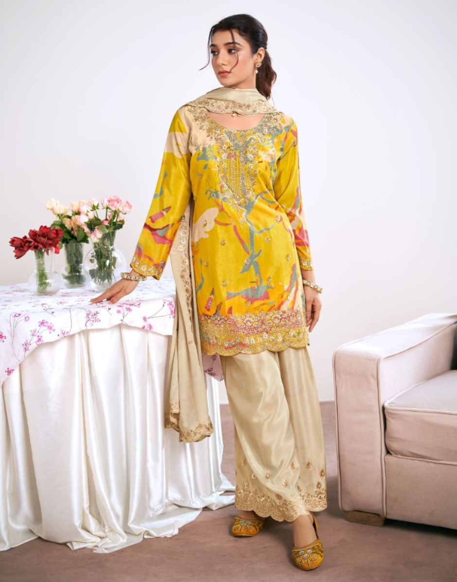 Premium Chinon Yellow Embroidered Suit Set Top & Bottom with Fancy Latkan Organza Dupatta