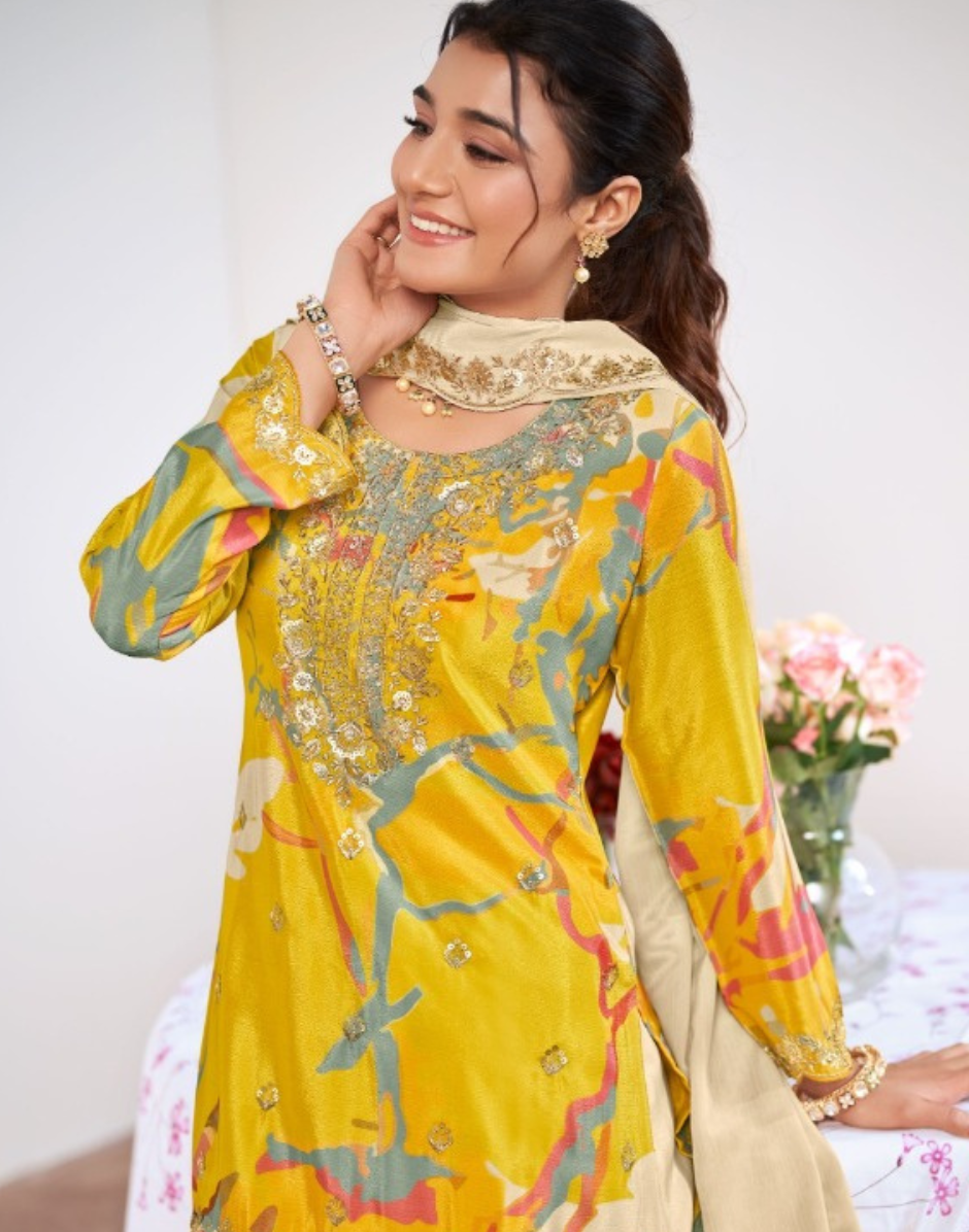 Premium Chinon Yellow Embroidered Suit Set Top & Bottom with Fancy Latkan Organza Dupatta_1