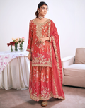 Premium Coral Chinon Designer Suit Embroidered Top, Printed Bottom & Organza Dupatta
