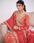 Premium Coral Chinon Designer Suit Embroidered Top, Printed Bottom & Organza Dupatta_1