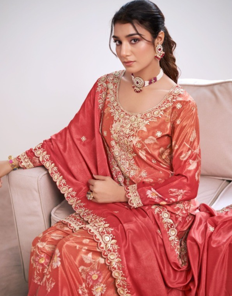 Premium Coral Chinon Designer Suit Embroidered Top, Printed Bottom & Organza Dupatta_1