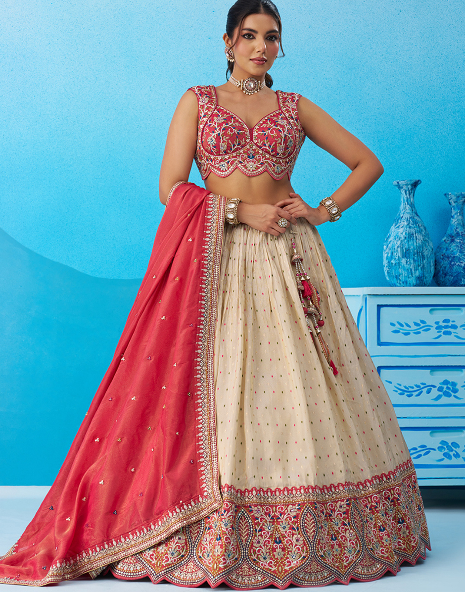 Premium Cream Jacquard Tissue Sequinned Thread & Embroidered Lehenga Choli for Wedding & Festive Wear