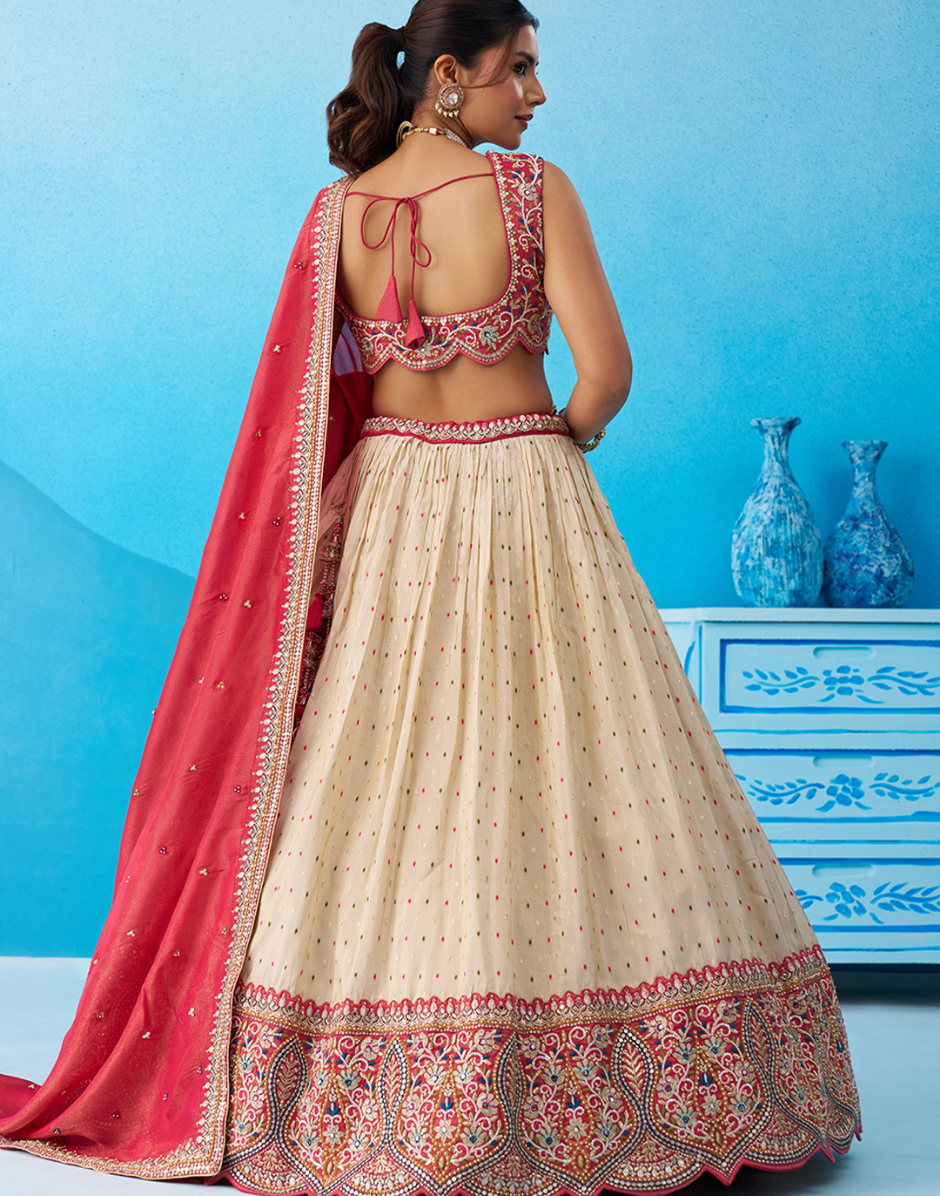 Premium Cream Jacquard Tissue Sequinned Thread & Embroidered Lehenga Choli for Wedding & Festive Wear