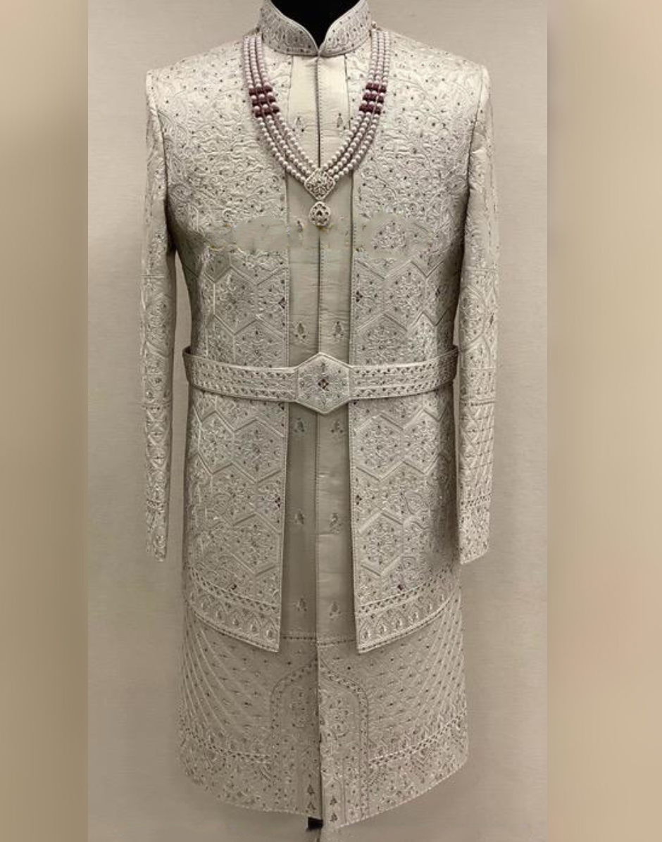 Premium Dark Fawn Embroidered Sherwani Outfit for Indian Weddings
