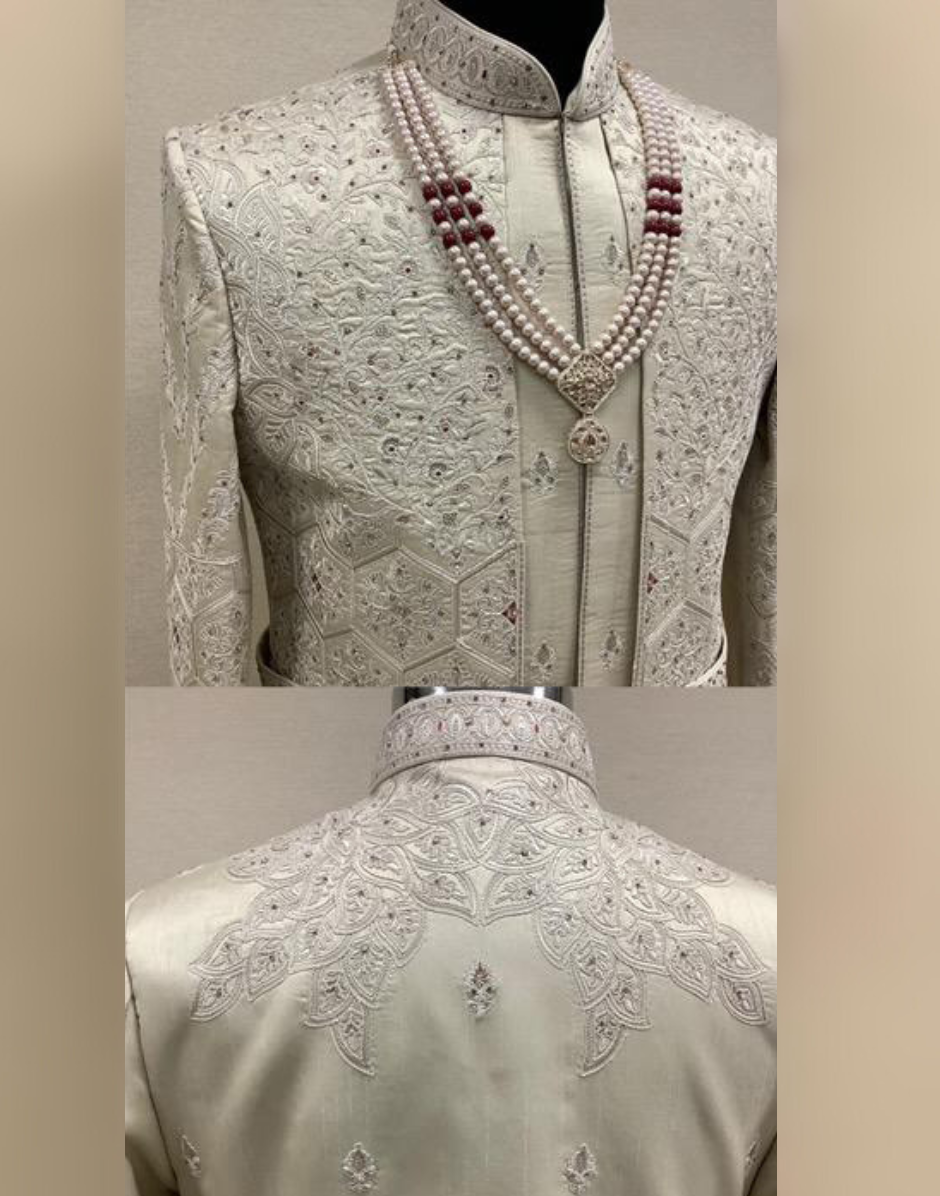 Premium Dark Fawn Embroidered Sherwani Outfit for Indian Weddings