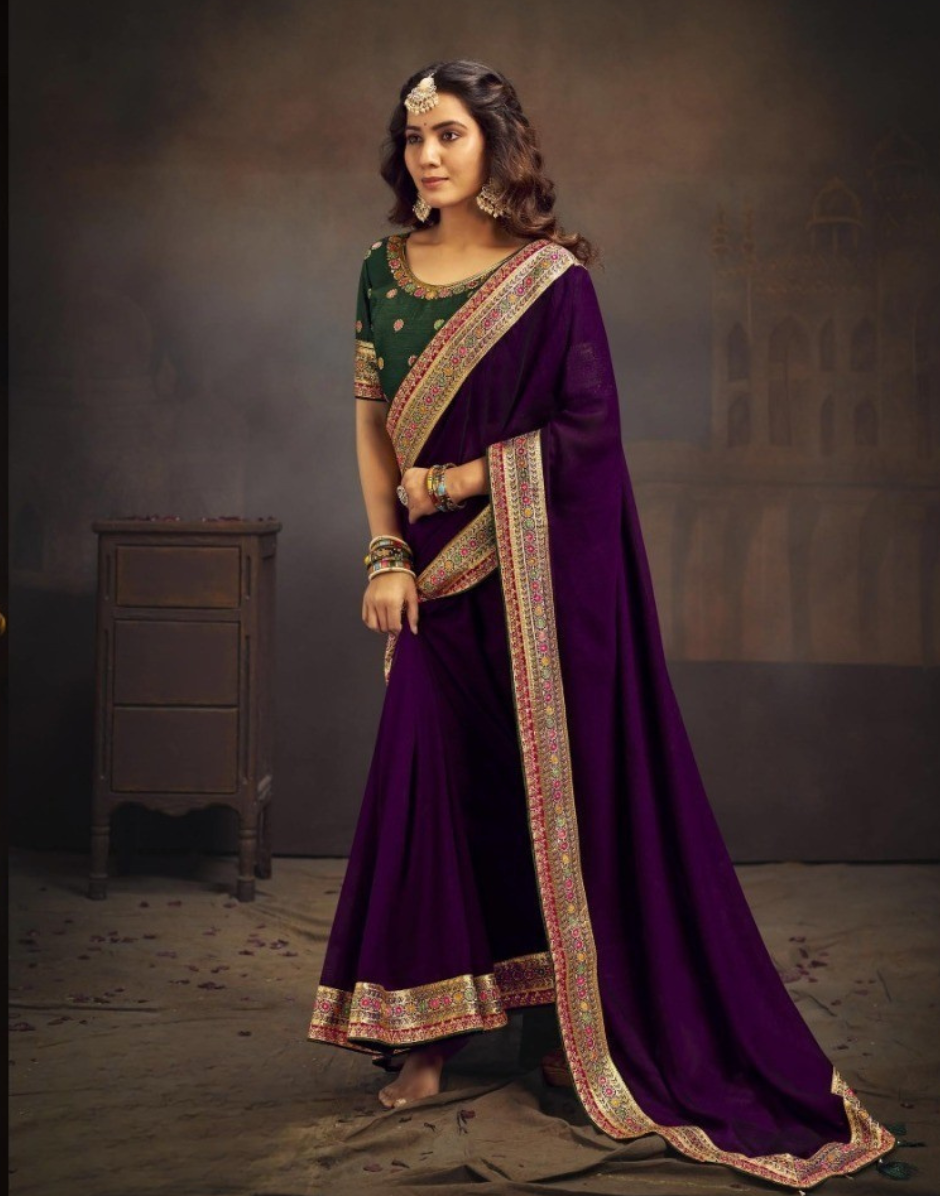 Premium Dark Purple Saree Heavy Swarovski Sequin Embroidery with Designer Border & Matching Blouse - Buy