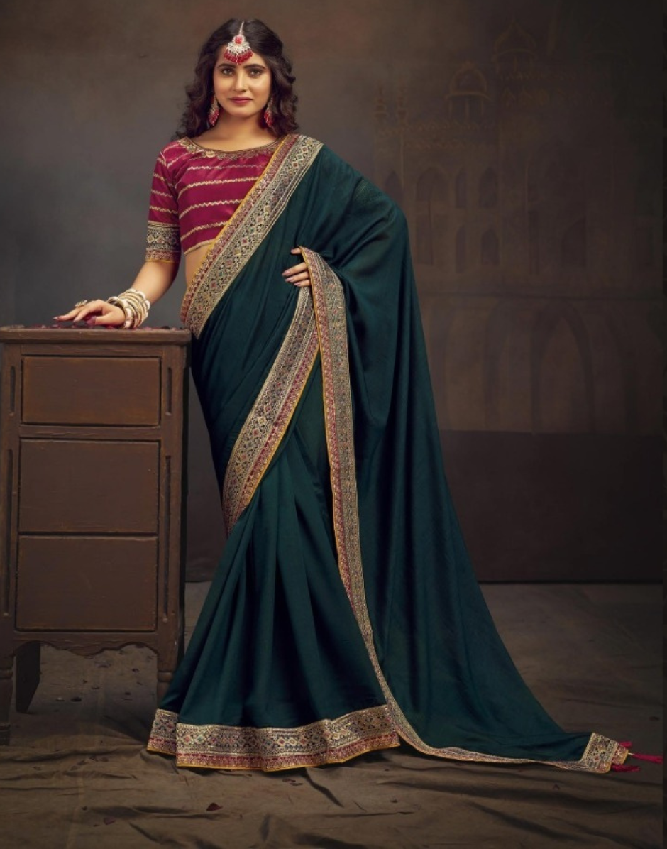 Premium Green Saree Swarovski Sequin Embroidery with Designer Border & Matching Designer Blouse - Buy
