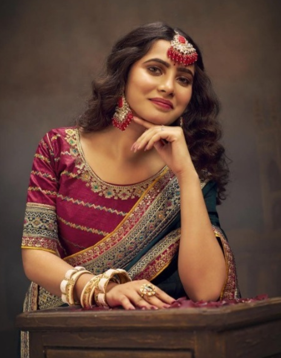 Premium Green Saree Swarovski Sequin Embroidery with Designer Border & Matching Designer Blouse - Buy