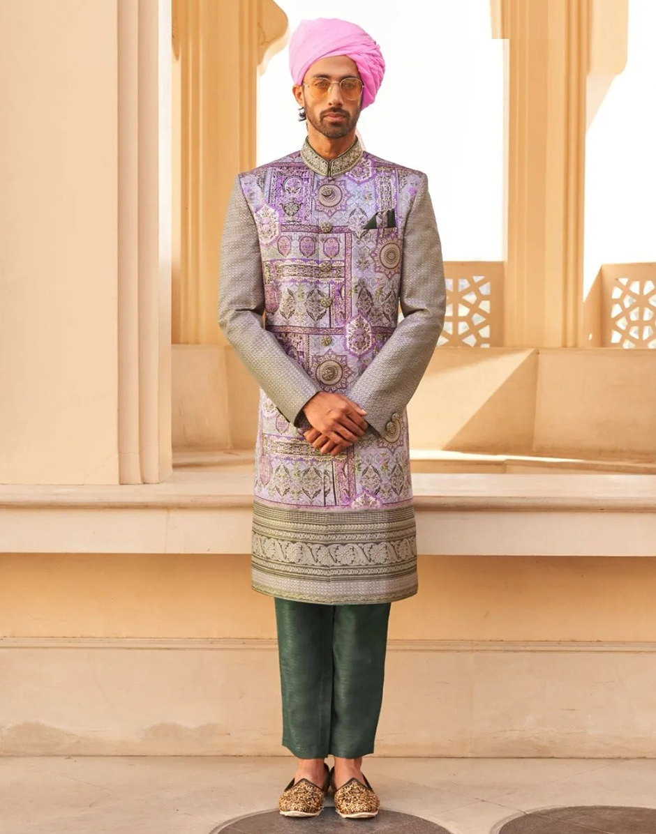 Premium Grey Foil Printed Kurta Pyjama Sophisticated Ethnic Wear for Men