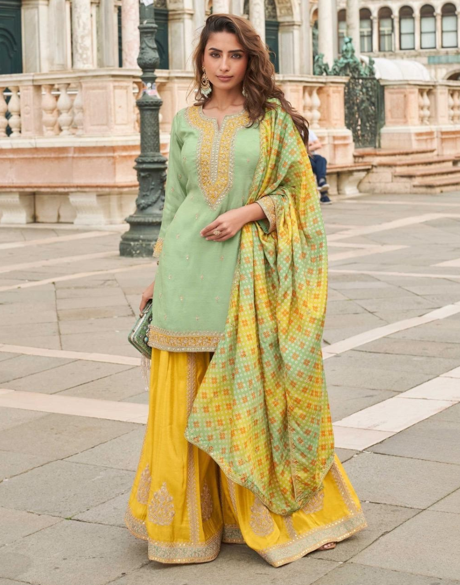 Premium Mehendi Green Silk Embroidered Top with Sharara and Digital Work Dupatta - Buy