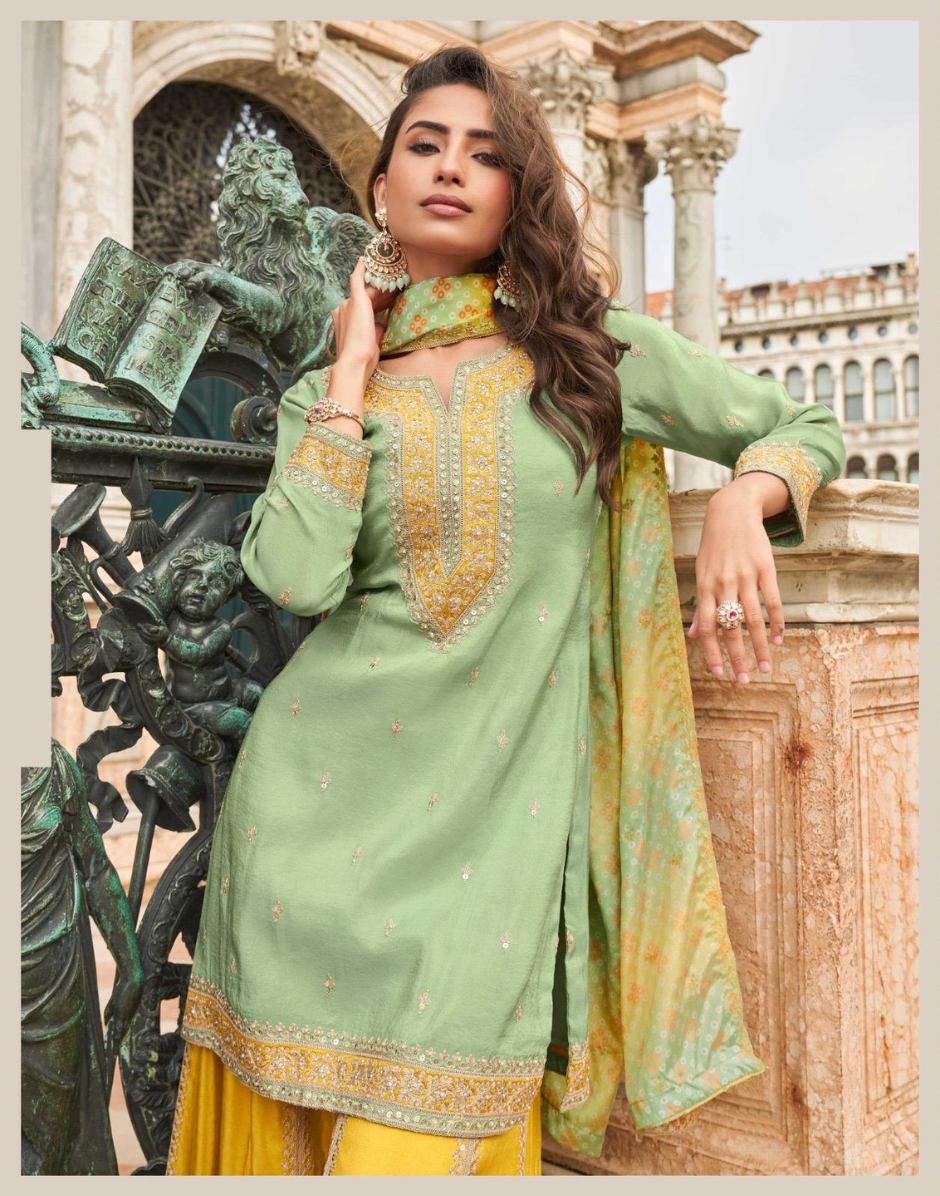 Premium Mehendi Green Silk Embroidered Top with Sharara and Digital Work Dupatta - Buy_1