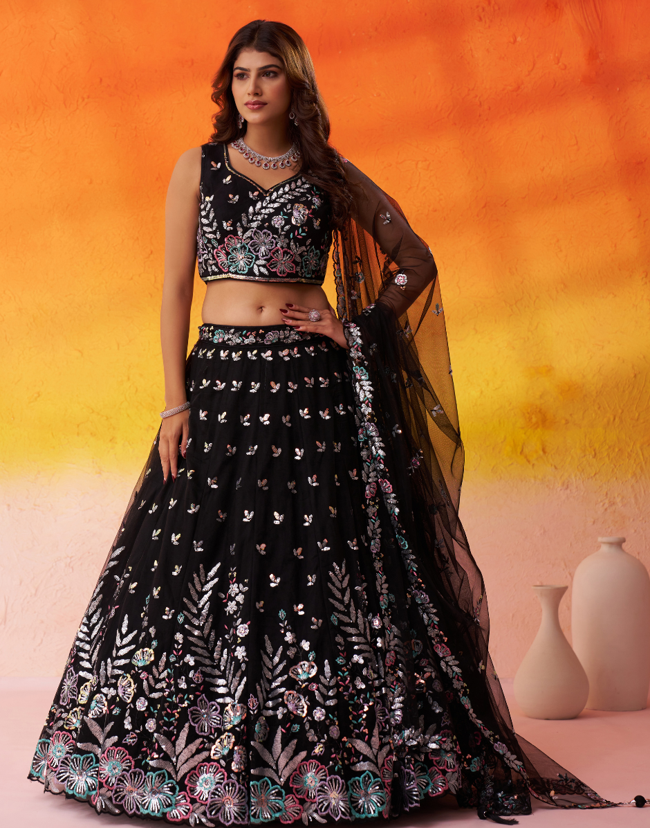 Premium Net Fabric Lehenga Set Featuring Rich Sequins Thread Embroidery - Buy